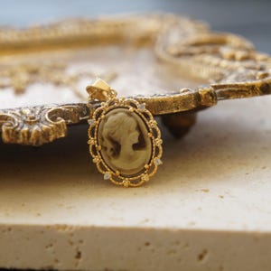 Vintage Cameo Woman Portrait Necklace: 14kt Gold Plated Charm