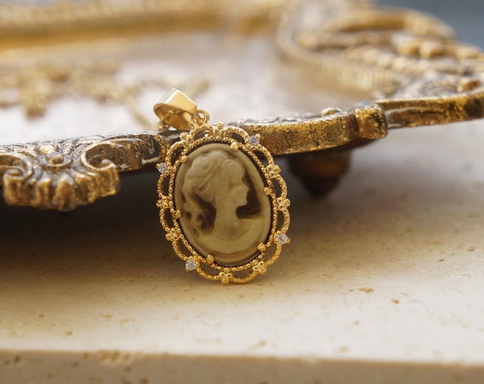Vintage Cameo Woman Portrait Necklace: 14kt Gold Plated Charm
