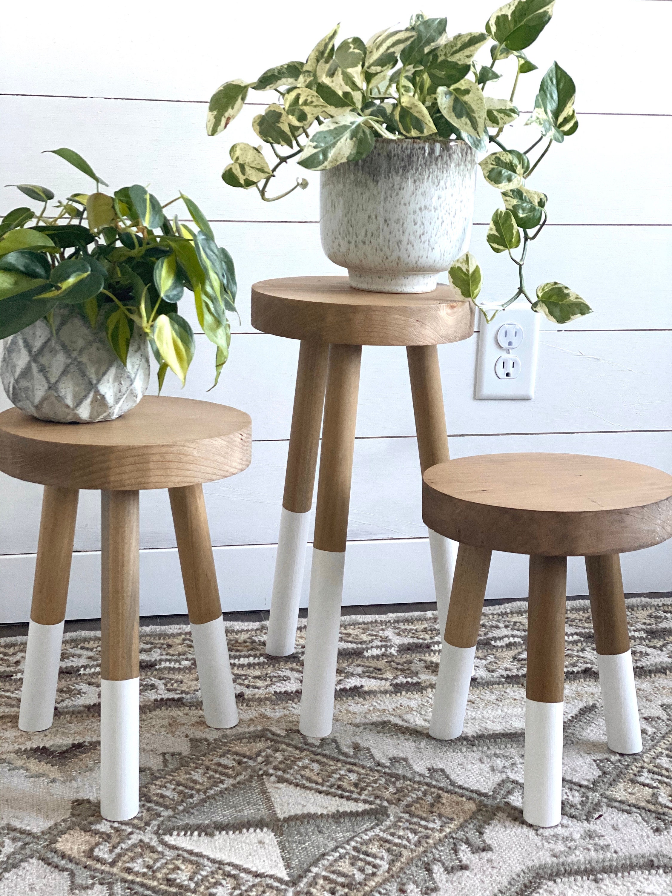 Solid Wood Accent Stool With 1  1/4" Diameter Legs | Plant Stand…