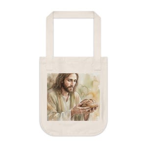 Jesus Holding Bread – Christian Artwork Tote Bag | Scripture Illustration