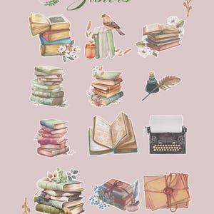 May include: A set of 10 bookbinding stickers featuring watercolor illustrations of books, a bird, a typewriter, a quill pen, and envelopes. The stickers are perfect for adding a touch of whimsy to your journals, planners, and other paper crafts.