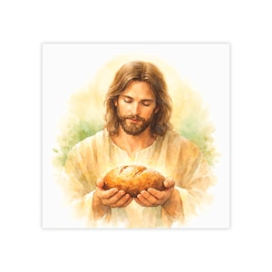 Könnte beinhalten: Aquarellillustration einer Person mit langen braunen Haaren und Bart, die ein Brot hält. Die Person trägt eine hellfarbige Robe, und das Brot leuchtet mit warmem Licht. Der Hintergrund ist eine weiche Mischung aus Gelb und Grün.