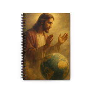May include: Spiral-bound notebook with a religious painting. The image shows a man with long hair and a beard, with his hands raised, looking down at a globe. The background has a warm, golden colour.