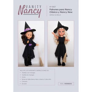 Peut inclure: Un patron de couture pour un costume de sorcière pour une poupée. Le patron comprend des instructions pour une robe avec et sans manches, un chapeau, des bottes, une ceinture et un balai. Le patron est pour les poupées Nancy Classic et Nancy New. Le patron est intitulé "N° 0007" et "Disfraz de Bruja".