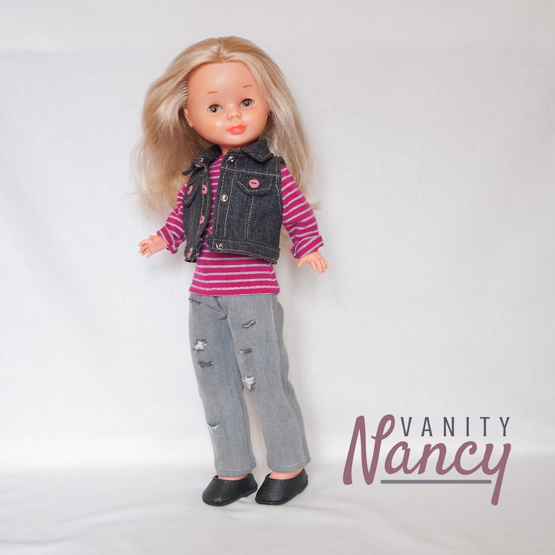 Patr\u00f3n de cazadora vaquera y chaleco en PDF para Nancy de Famosa