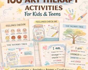 May include: A collection of printable art therapy activities for kids and teens. The image features various worksheets focusing on emotions, anxiety, anger, and confidence. Includes a feelings check-in, worry tree, and affirmations. The text reads "100 Art Therapy Activities".
