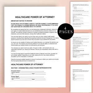 Può includere: Un documento di procura sanitaria con il testo "Procura sanitaria" e "Avviso importante da rivedere". Il documento include sezioni per la designazione di un rappresentante sanitario e ha quattro pagine.