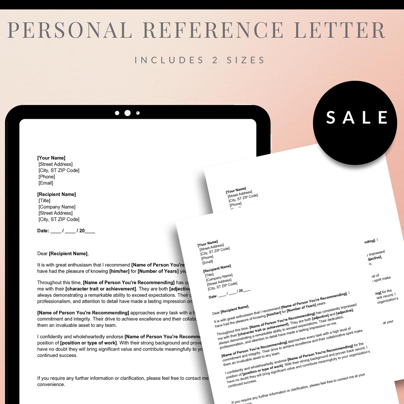 Editable Personal Reference Letter Template – Printable Recommendation ...