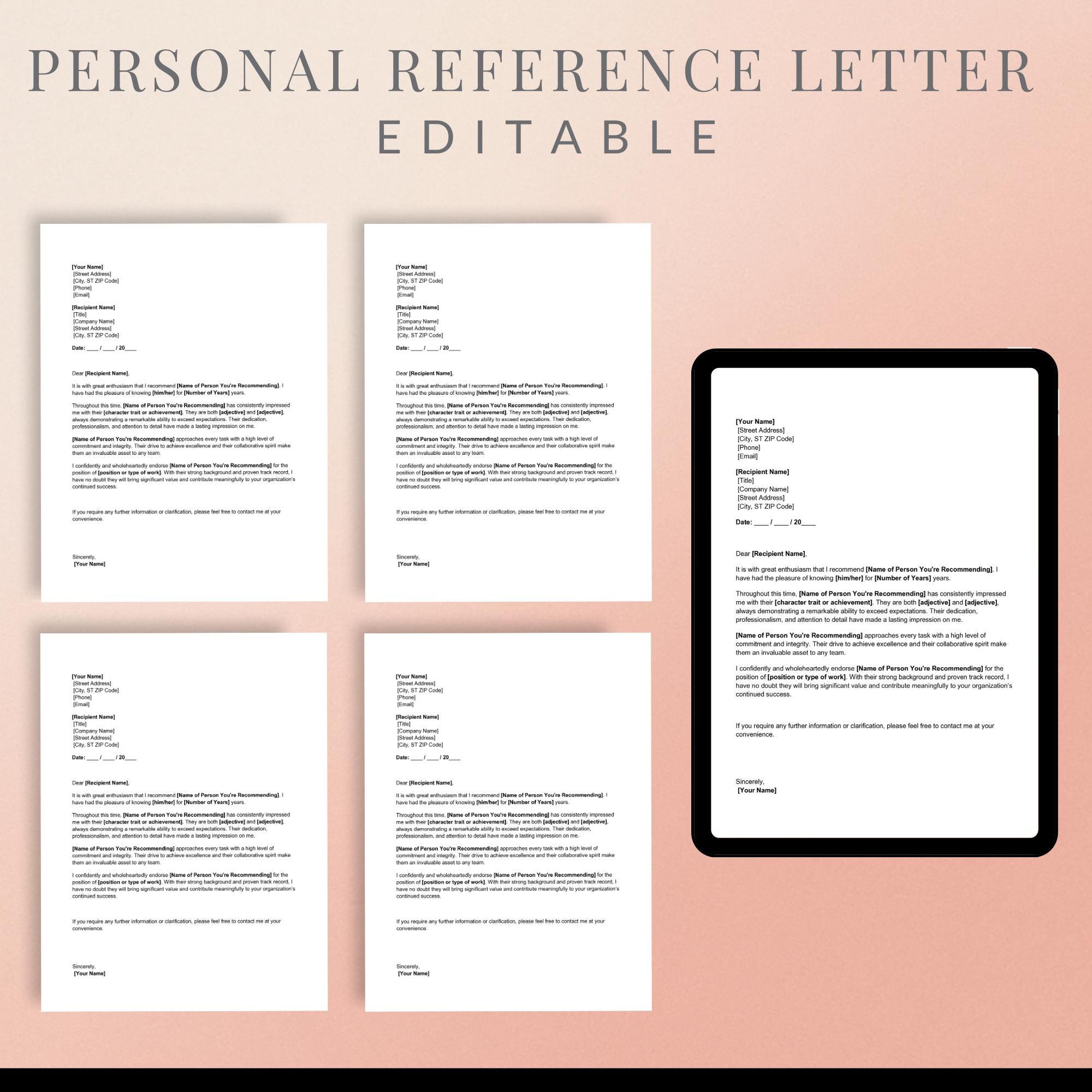 Editable Personal Reference Letter Template – Printable Recommendation ...