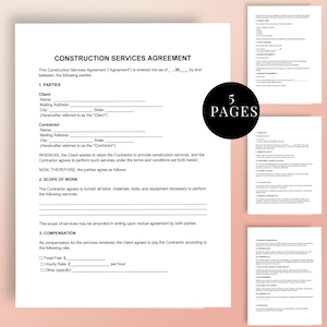 Op de afbeelding: Een document voor een overeenkomst voor bouwdiensten met de titel bovenaan. Het document bevat secties voor partijen, de reikwijdte van de werkzaamheden en de vergoeding. Een zwarte cirkel met de tekst "5 PAGES" staat in de afbeelding. Er zijn ook verschillende extra pagina's zichtbaar.