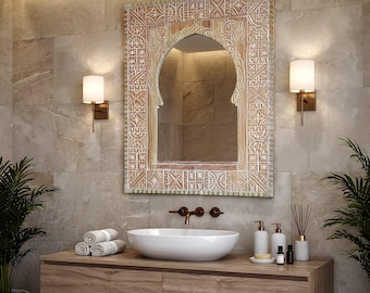 Moroccan Carved Bathroom Mirror–Handmade Artisan Wall Mirror, Boho & Luxury Bathroom Decor, Artisan Wall Decor, Boho Spa Style Vanity Mirror