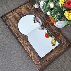 Moroccan Vintage Style Wooden Carved Mirror,Hand Carved Wooden Wall Art Mirror,Hanging Wall Mirror,wooden decor pieces Old Riad Mirror Frame