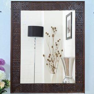 Brown Moroccan Hand Carved Wooden Mirror - Carved Mirror in Vintage Style - Old Wall Mirror Frame- Decor Wood Frame - Farmhouse Wall Decor.