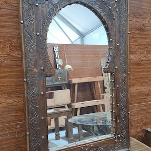Brown  Moroccan Hand Carved Wooden Mirror - Carved Mirror in Vintage Style - Old Wall Mirror Frame- Decor Wood Frame - Farmhouse Wall Decor.