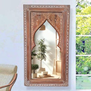 Moroccan Vintage Style Wooden Carved Mirror,Hand Carved Wooden Wall Art Mirror,Hanging Wall Mirror,wooden decor pieces Old Riad Window Frame