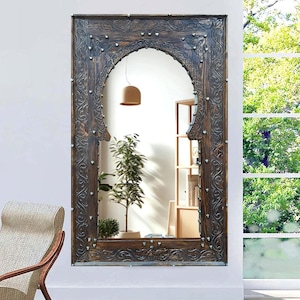 Moroccan Vintage Style Wooden Carved Mirror,Hand Carved Wooden Wall Art Mirror,Hanging Wall Mirror,wooden decor pieces Old Riad Window Frame