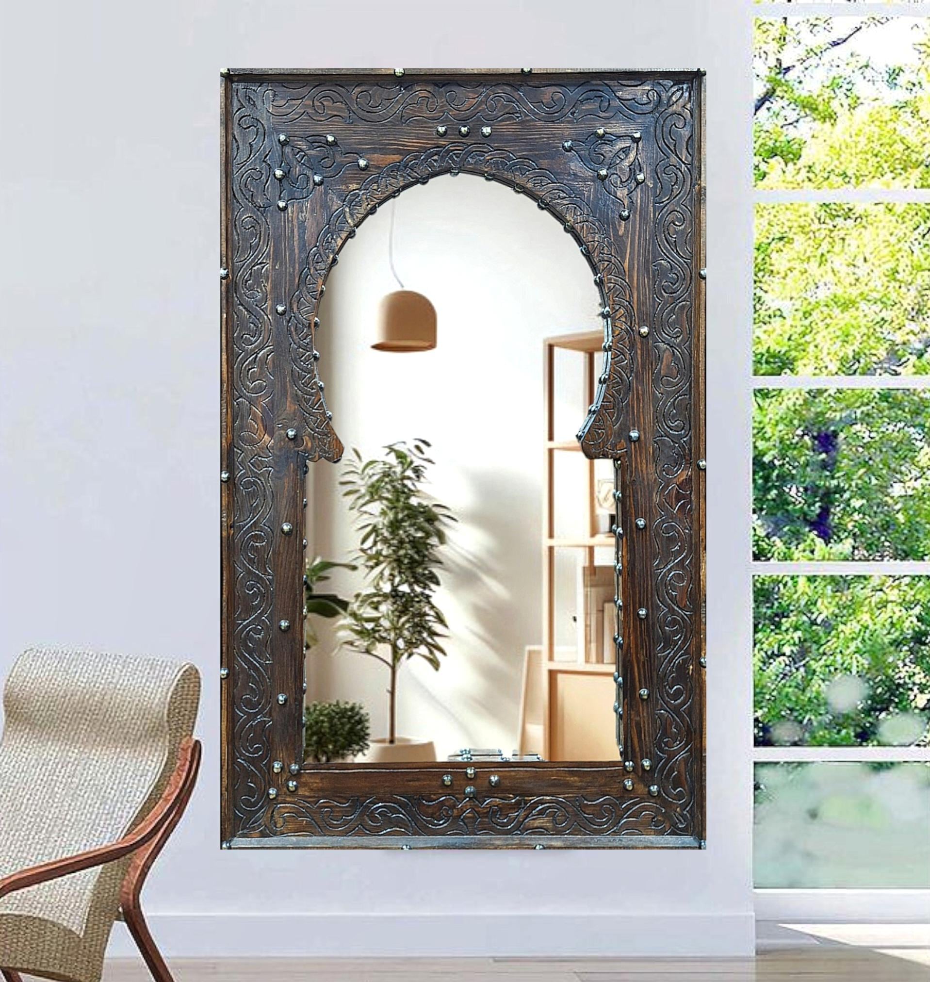 Moroccan Vintage Style Wooden Carved Mirror,Hand Carved Wooden Wall Art Mirror,Hanging Wall Mirror,wooden decor pieces Old Riad Window Frame