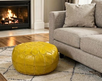 Yellow Ottoman Leather Pouf, Authentic Moroccan Leather Pouf – Handmade Genuine Leather Ottoman Foot Rest, Boho Decor, Artisan Floor Seating