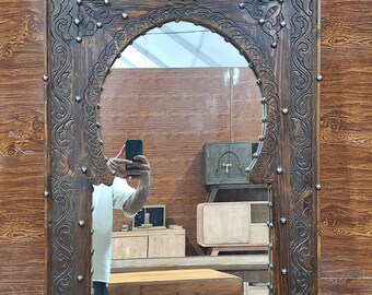 Moroccan Vintage Style Wooden Carved Mirror,Hand Carved Wooden Wall Art Mirror,Hanging Wall Mirror,wooden decor pieces Old Riad Mirror Frame