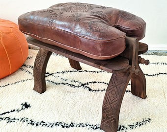 Moroccan Brown Leather Pouf Ottoman,Handmade Boho Foot Stool,Moroccan Home Decor, Moroccan Pouf Ottoman,Housewarming Gift,Living Room Decor.