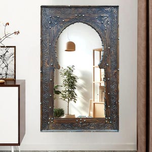 Moroccan Vintage Style Wooden Carved Mirror,Hand Carved Wooden Wall Art Mirror,Hanging Wall Mirror,wooden decor pieces Old Riad Mirror Frame