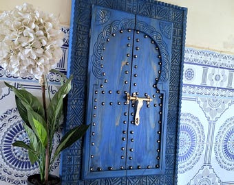 Customized Blue Hand Carved Wooden Window Cover With Vintage Style Brass Lock, Moroccan Vintage Style, Old Window Frames, Wall Art Window.
