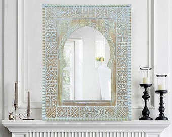 White Arched Hand-Carved Mirror- Vintage Style Moroccan Mirror- Antique Wall Mirror Frame-Wooden Frame for Wall Decor- Farmhouse Wall Decor.