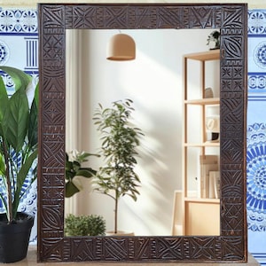 Brown Moroccan Hand Carved Wooden Mirror - Carved Mirror in Vintage Style - Old Wall Mirror Frame- Decor Wood Frame - Farmhouse Wall Decor.