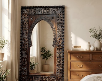 Handmade Moroccan Wooden Wall Mirror–Moroccan  Brown Rustic Boho Frame, Carved Solid Wood, Artisan Home Decor, Statement Piece, Living Room.