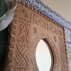 Moroccan Hand Carved Wooden Mirror - Carved Mirror in Vintage Style - Old Wall Mirror Frame- Decor Wood Frame - Farmhouse Wall Decor.