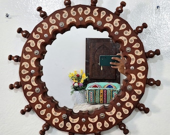 Moroccan Hand Carved Wooden Mirror -Carved Mirror in Vintage Style -Old Wall Mirror Frame-Round Wall Decor Wood Frame -Farmhouse Wall Decor.
