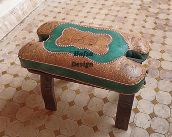 Gorgeous Camel Saddle Stool, Wooden Saddle Stool With Genuine Leather Pad, Moroccan Boho Small Stool, Bench Seat , Gifts Leather Footstool.