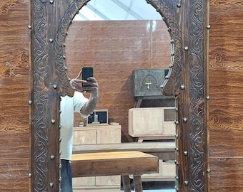 Custom Moroccan Vintage Style Wooden Carved MirrorHand Carved Wooden Wall Art Mirror,Hanging Wall Mirror,wooden decor Old Riad Mirror Frame.