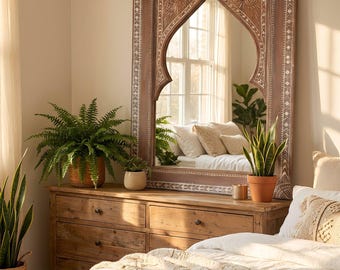 White Moroccan Bohemian Wooden Wall Mirror – Handmade Rustic Carved Frame, Artisan Home Accent, Living Room, Decor,Boho Hanging Wall Mirror.