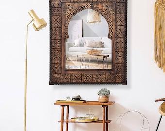 Handmade Moroccan Wooden Wall Mirror–Moroccan Brown Rustic Boho Frame, Carved Solid Wood, Artisan Home Decor, Statement Piece, Living Room.