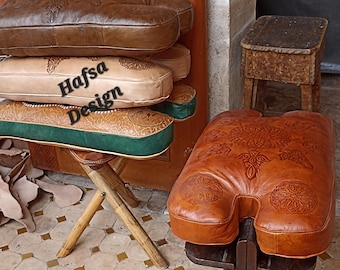 Gorgeous Camel Saddle Stool, Wooden Saddle Stool With Genuine Leather Pad, Moroccan Boho Small Stool, Handmade Bench Seat, Leather Footstool