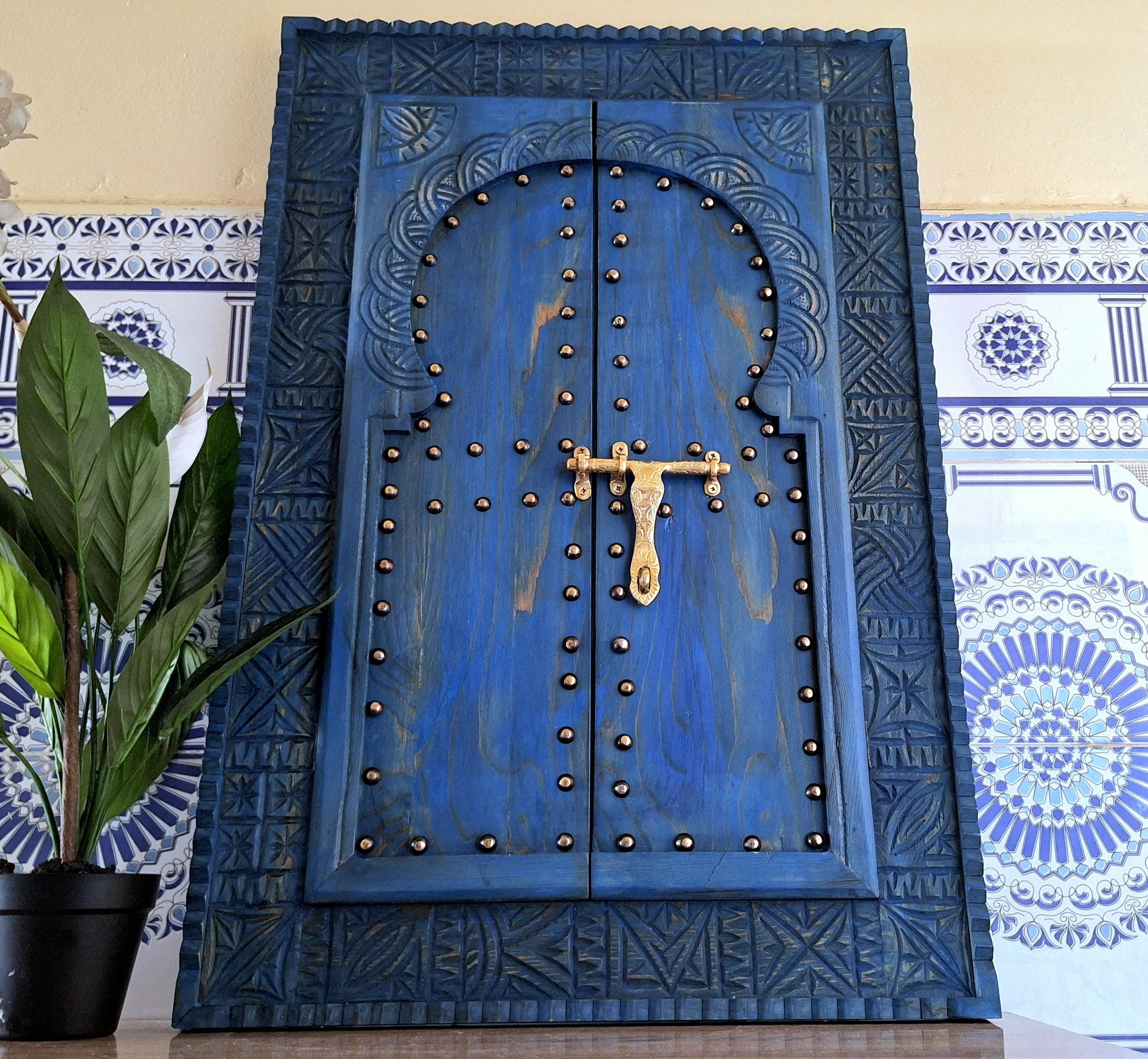 Moroccan Blue Vintage Style Wooden Carved Window, Hand Carved Wooden Wall Art Window,Hanging Wall Door,wooden decor pieces Old Window Frames