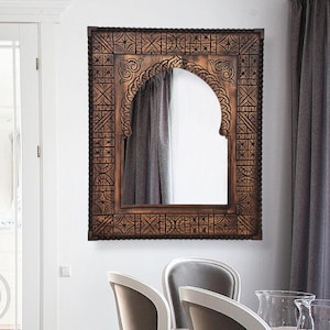 Moroccan Hand Carved Wooden Mirror - Brown Carved Mirror in Vintage Style - Old Wall Mirror Frame- Decor Wood Frame - Farmhouse Wall Decor.