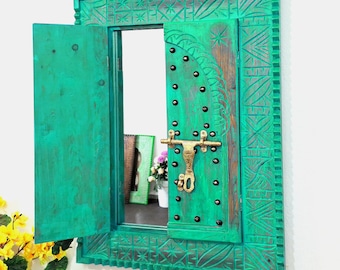 Handgefertigter marokkanischer Holzspiegel - Boho-Wanddekor, rustikaler Massivholzrahmen, einzigartiges Kunsthandwerk, Statement-Stück, marokkanischer Akzent.