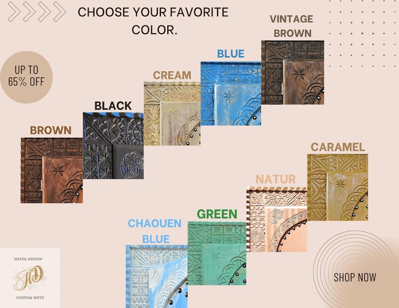 May include: A selection of decorative wooden frames in various colors, including brown, black, cream, blue, green, and caramel. The frames have intricate carvings and are available in different sizes. The text "Choose your favorite color." is displayed at the top of the image. The text "Shop Now" is displayed at the bottom of the image.