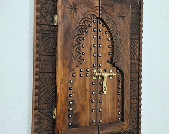 Brown Hand Carved Wooden And Brass Wall Window,Moroccan Vintage Style Wooden Carved Window,Old Window Frames, Wall Art Window,Moroccan Door.