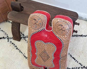 Red Camel Saddle Stool,Ottoman Bench Seat, Wooden Camel Foot Stool With Genuine Leather Brown Cushion,Bohemian Small Stool, Leather Pad