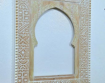 Customized  White Hand Carved Wooden Mirror Frame, Moroccan Vintage Style Mirror Frame,Old Wall Mount Frame, Wood Frame,Farmhouse Wall Decor