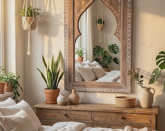 White Moroccan Bohemian Wooden Wall Mirror – Handmade Rustic Carved Frame, Artisan Home Accent, Living Room, Decor,Boho Hanging Wall Mirror.
