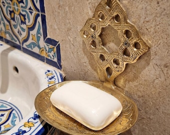 Moroccan Brass Wall Mounted Soap Dish – Handcrafted Engraved Brass, Vintage Boho Bathroom Accessory, Boho Bathroom Decor, Luxury Home Accent