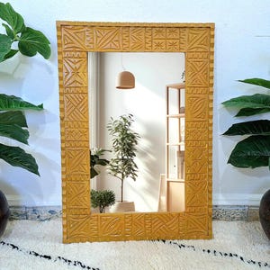 Caramel Moroccan Hand Carved Wooden Mirror - Carved Mirror in Vintage Style - Old Wall Mirror Frame- Decor Wood Frame - Farmhouse Wall Decor
