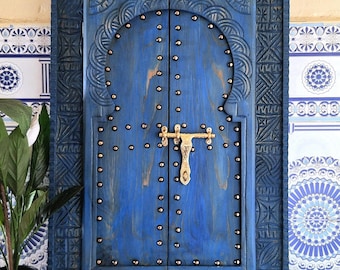 Moroccan Blue Vintage Style Wooden Carved Window, Hand Carved Wooden Wall Art Window,Hanging Wall Door,wooden decor pieces Old Window Frames