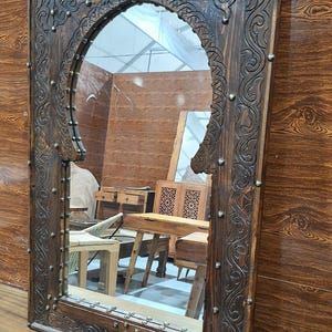 Moroccan Vintage Style Wooden Carved Mirror,Hand Carved Wooden Wall Art Mirror,Hanging Wall Mirror,wooden decor pieces Old Riad Mirror Frame
