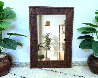 Moroccan Hand Carved Wooden Mirror - Brown Carved Mirror in Vintage Style - Old Wall Mirror Frame- Decor Wood Frame - Farmhouse Wall Decor.