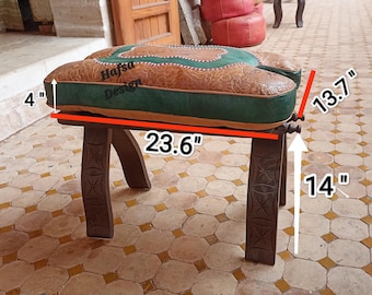 Gorgeous Camel Saddle Stool, Wooden Saddle Stool With Genuine Leather Pad, Moroccan Boho Small Stool, Bench Seat,  Gifts Leather Footstool.